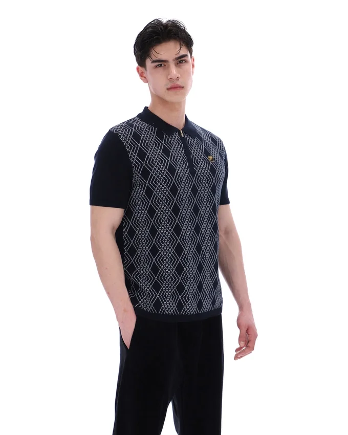 Schwarzes Castello-Polohemd aus Jacquard-Strick mit Reißverschluss
