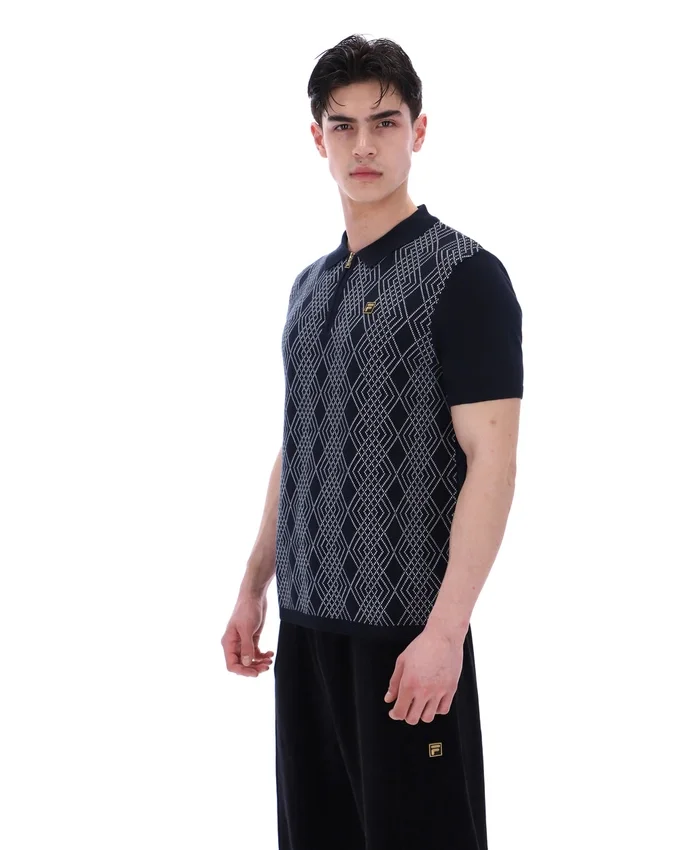Schwarzes Castello-Polohemd aus Jacquard-Strick mit Reißverschluss