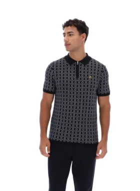 Schwarzes Jackson Jacquard-Strick-Polohemd mit Reißverschluss