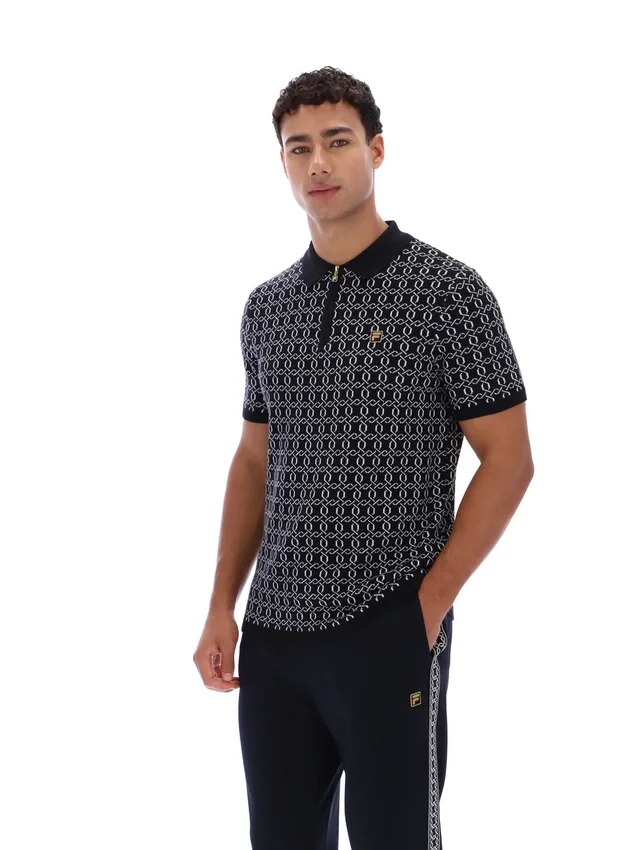 Schwarzes Jackson Jacquard-Strick-Polohemd mit Reißverschluss