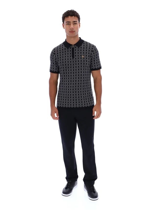 Schwarzes Jackson Jacquard-Strick-Polohemd mit Reißverschluss