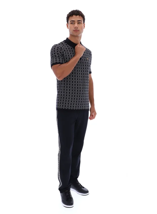 Schwarzes Jackson Jacquard-Strick-Polohemd mit Reißverschluss