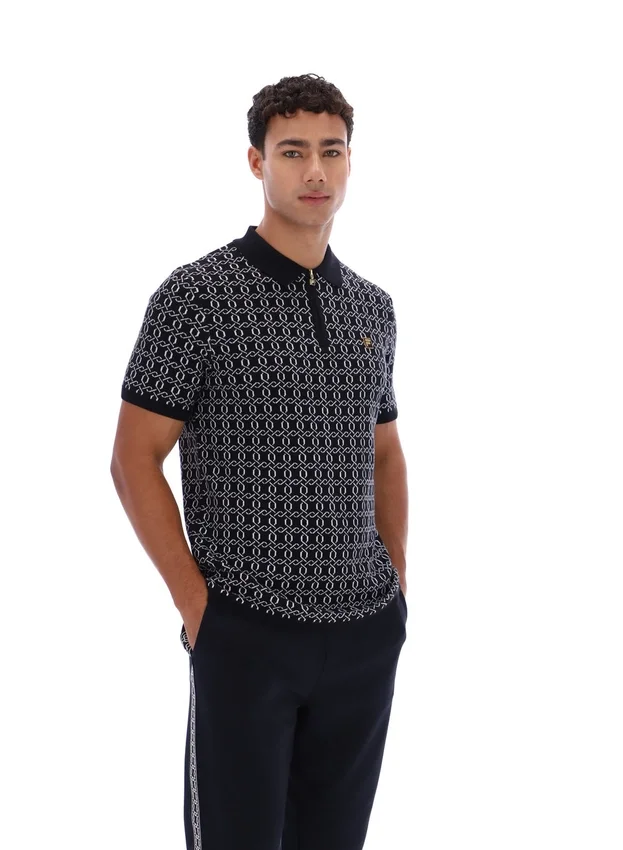 Schwarzes Jackson Jacquard-Strick-Polohemd mit Reißverschluss