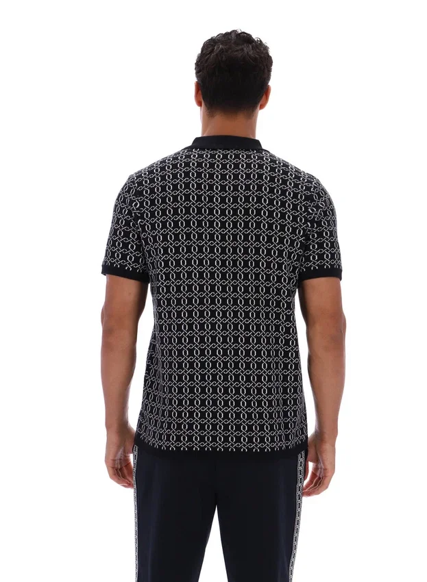 Schwarzes Jackson Jacquard-Strick-Polohemd mit Reißverschluss