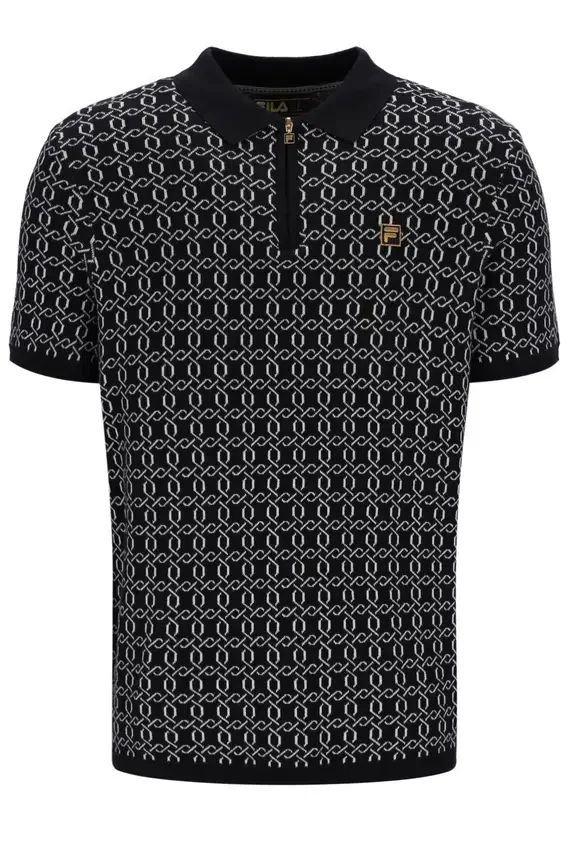 Schwarzes Jackson Jacquard-Strick-Polohemd mit Reißverschluss