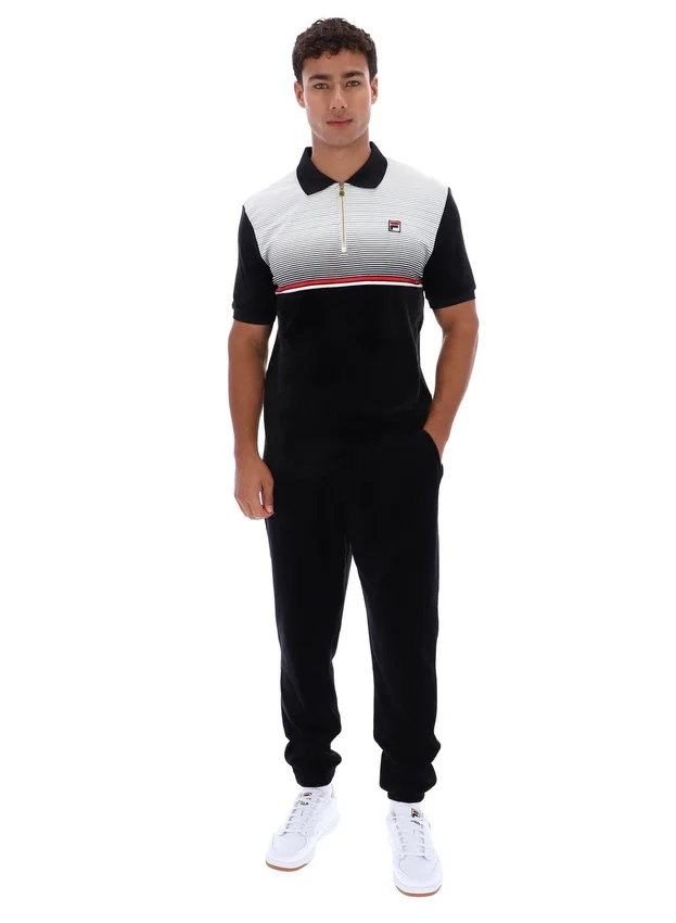 Schwarzes Paco-Velours-Polohemd mit Reißverschluss