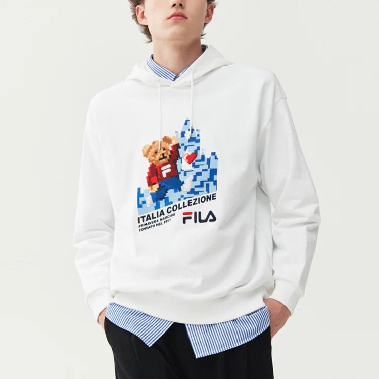 Weiter Sportpullover mit Kapuze und langen Ärmeln, Weiß